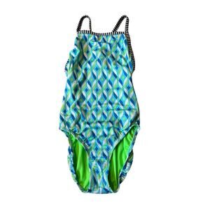 Dolphin Ugly, UGLIES; Women’s swimsuit size 32. Green & Blue pattern